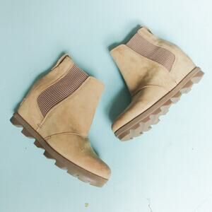 Sorel Womens Joan of Arctic Waterproof Leather Wedge Boot Velvet Tan Gum Size 6